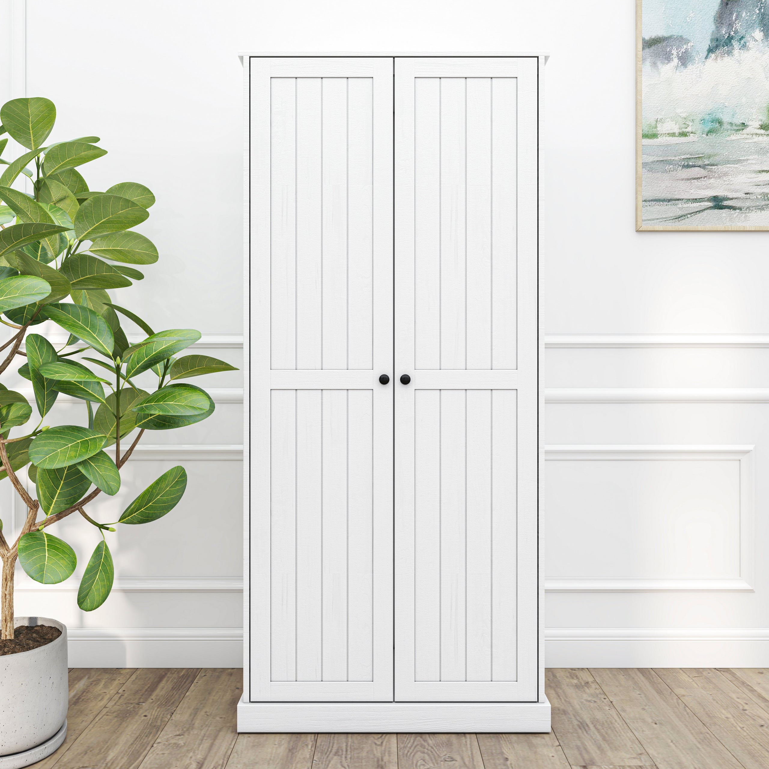 9210 wht Hamptons 2 Door Broom Multipurpose Cupboard Storage